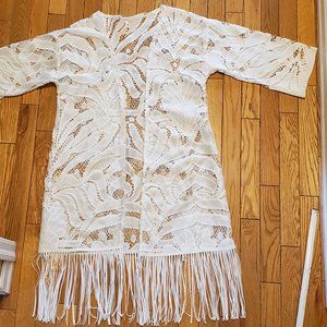 Jiujin White Lace & Fringe Bathing Suit Cover